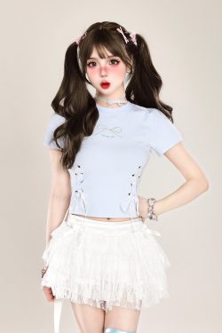 Butterfly Embroidery Tie-Up Shoulder Cropped Short Sleeve T-Shirt for Women – Summer Fitted Top, Sweet and Spicy Style