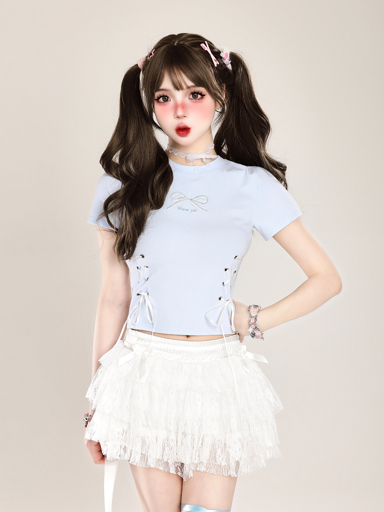 Butterfly Embroidery Tie-Up Shoulder Cropped Short Sleeve T-Shirt for Women – Summer Fitted Top, Sweet and Spicy Style Butterfly Embroidery Tie-Up Shoulder Cropped Short Sleeve T-Shirt for Women – Summer Fitted Top, Sweet and Spicy Style