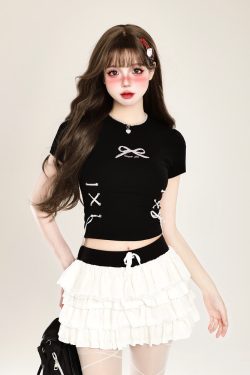 Butterfly Embroidery Tie-Up Shoulder Cropped Short Sleeve T-Shirt for Women – Summer Fitted Top, Sweet and Spicy Style