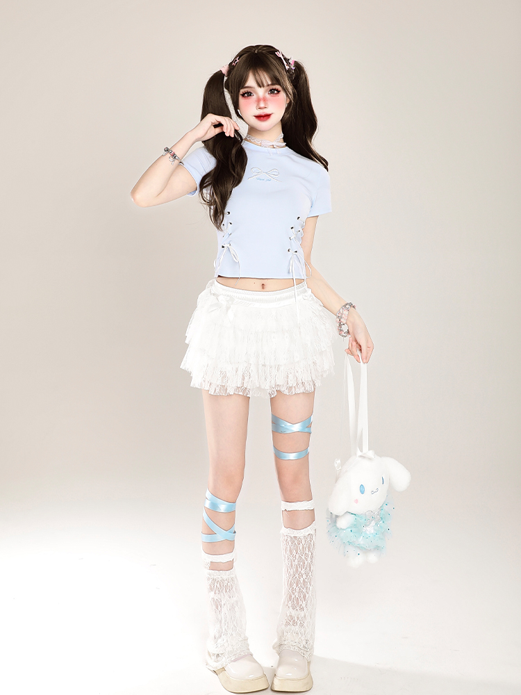 Butterfly Embroidery Tie-Up Shoulder Cropped Short Sleeve T-Shirt for Women – Summer Fitted Top, Sweet and Spicy Style Butterfly Embroidery Tie-Up Shoulder Cropped Short Sleeve T-Shirt for Women – Summer Fitted Top, Sweet and Spicy Style