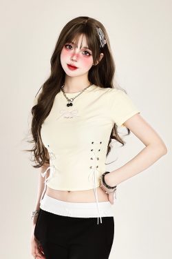 Butterfly Embroidery Tie-Up Shoulder Cropped Short Sleeve T-Shirt for Women – Summer Fitted Top, Sweet and Spicy Style