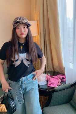 Butterfly Knot Short Sleeve T-Shirt for Women, Plus Size, Round Neck, Regular Fit, Black Top, 2025 Spring Summer Fashion