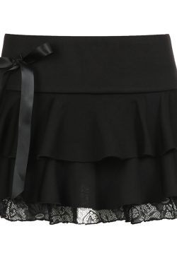 Butterfly Knot Strap Low-Waist Lace Hem Half Skirt - Double-Layer Pleated A-Line Short Skirt for JK Girl Style, Little Black Skirt
