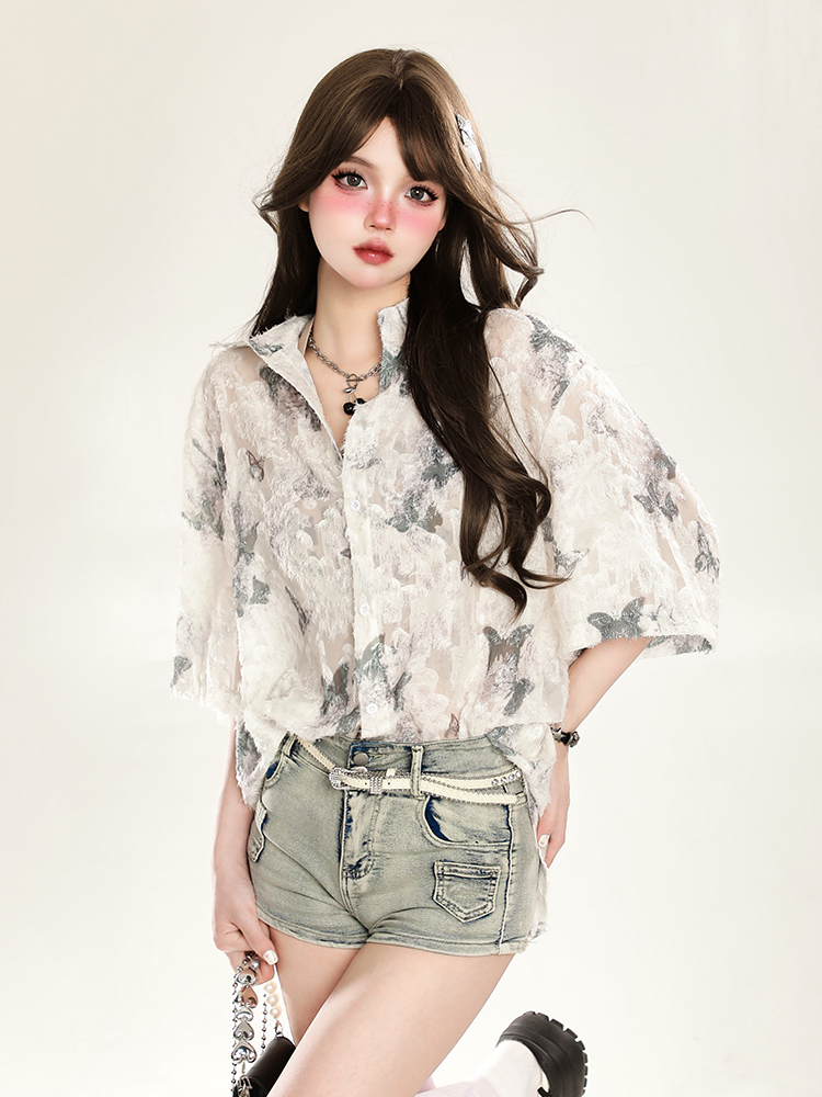 Butterfly Print Short Sleeve Shirt for Women - Summer Sun Protection Loose Cardigan Top Butterfly Print Short Sleeve Shirt for Women - Summer Sun Protection Loose Cardigan Top