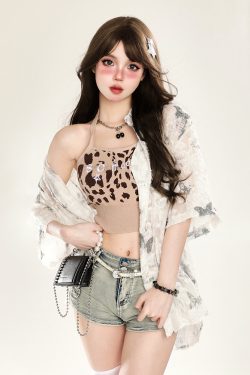 Butterfly Print Short Sleeve Shirt for Women - Summer Sun Protection Loose Cardigan Top