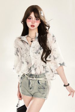 Butterfly Print Short Sleeve Shirt for Women - Summer Sun Protection Loose Cardigan Top