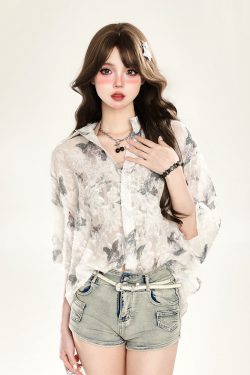 Butterfly Print Short Sleeve Shirt for Women - Summer Sun Protection Loose Cardigan Top