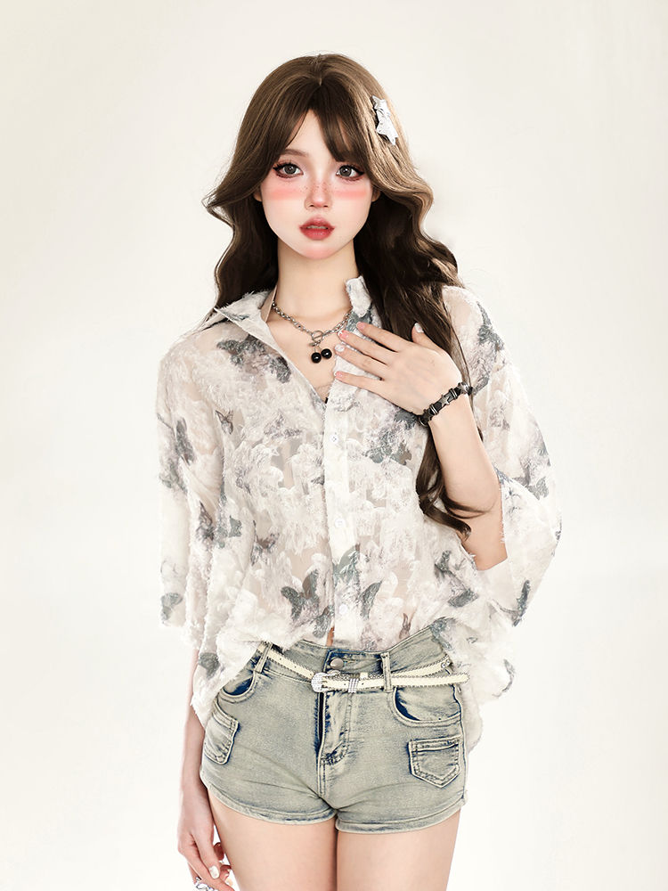 Butterfly Print Short Sleeve Shirt for Women - Summer Sun Protection Loose Cardigan Top Butterfly Print Short Sleeve Shirt for Women - Summer Sun Protection Loose Cardigan Top