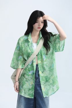 Butterfly Print Short Sleeve Shirt for Women, Lightweight & Sheer, Loose Fit, Summer Fashion, Sun Protection, Trendy Casual Top