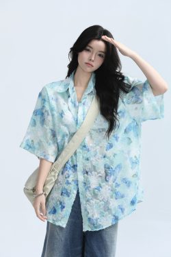 Butterfly Print Short Sleeve Shirt for Women, Lightweight & Sheer, Loose Fit, Summer Fashion, Sun Protection, Trendy Casual Top