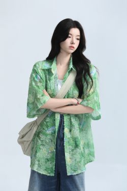 Butterfly Print Short Sleeve Shirt for Women, Lightweight & Sheer, Loose Fit, Summer Fashion, Sun Protection, Trendy Casual Top