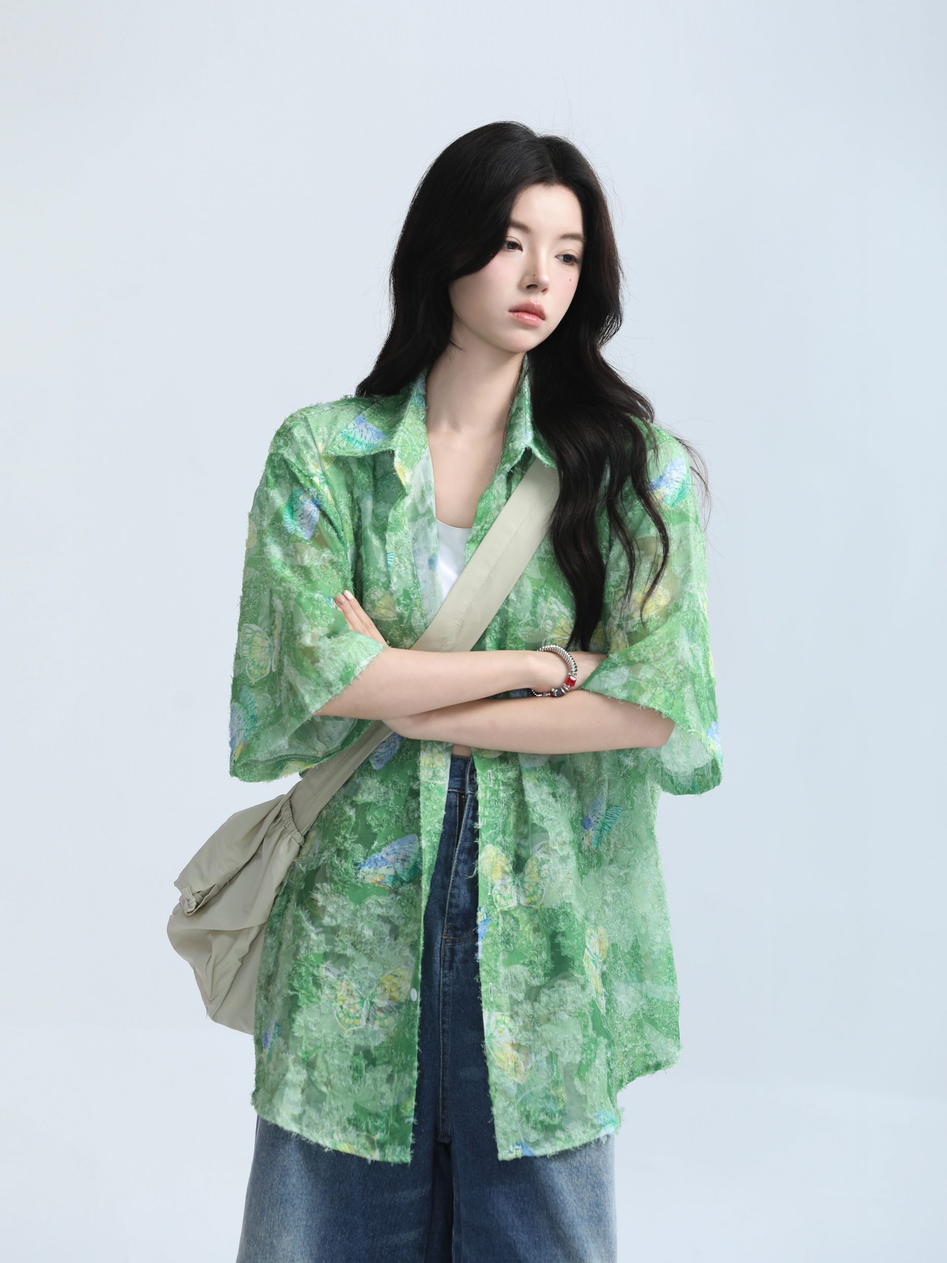 Butterfly Print Short Sleeve Shirt for Women, Lightweight & Sheer, Loose Fit, Summer Fashion, Sun Protection, Trendy Casual Top Butterfly Print Short Sleeve Shirt for Women, Lightweight & Sheer, Loose Fit, Summer Fashion, Sun Protection, Trendy Casual Top