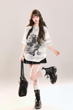 Butterfly Print Short Sleeve T-Shirt for Women - American Style Loose Sheer Summer Top, Spicy Girl OOTD Outfit