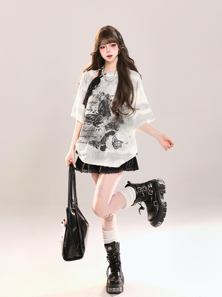 Butterfly Print Short Sleeve T-Shirt for Women - American Style Loose Sheer Summer Top, Spicy Girl OOTD Outfit Butterfly Print Short Sleeve T-Shirt for Women - American Style Loose Sheer Summer Top, Spicy Girl OOTD Outfit