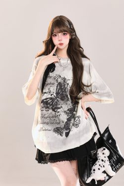 Butterfly Print Short Sleeve T-Shirt for Women - American Style Loose Sheer Summer Top, Spicy Girl OOTD Outfit