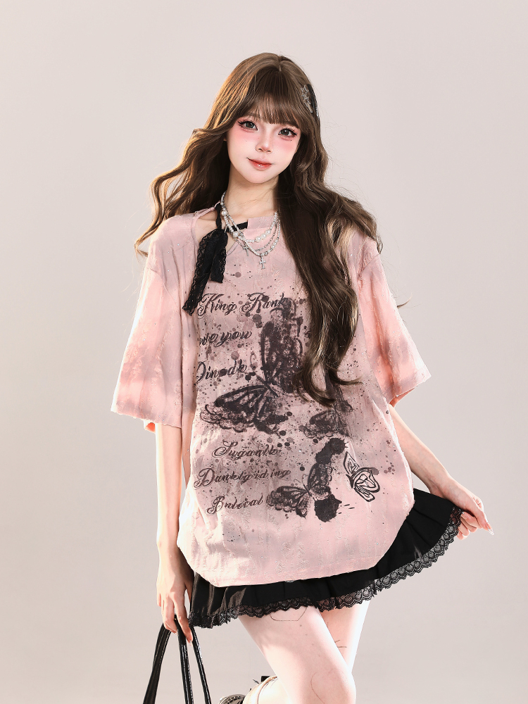 Butterfly Print Short Sleeve T-Shirt for Women - American Style Loose Sheer Summer Top, Spicy Girl OOTD Outfit Butterfly Print Short Sleeve T-Shirt for Women - American Style Loose Sheer Summer Top, Spicy Girl OOTD Outfit