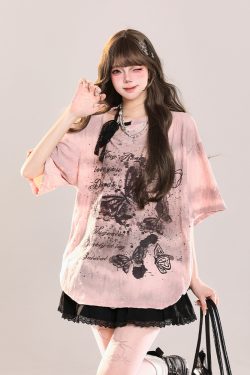 Butterfly Print Short Sleeve T-Shirt for Women - American Style Loose Sheer Summer Top, Spicy Girl OOTD Outfit