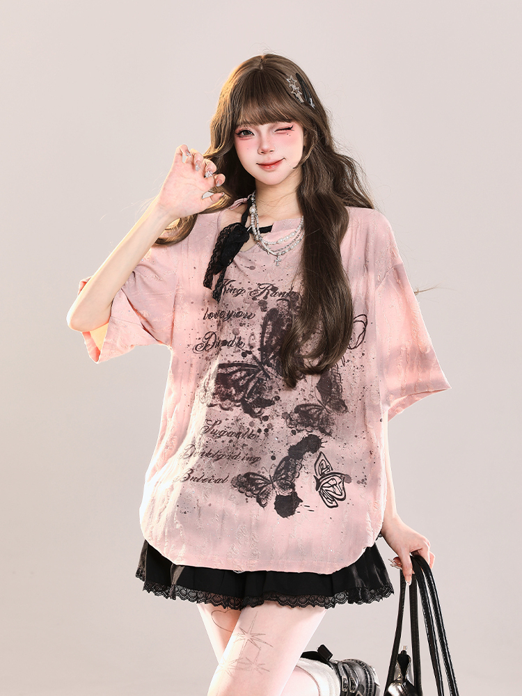 Butterfly Print Short Sleeve T-Shirt for Women - American Style Loose Sheer Summer Top, Spicy Girl OOTD Outfit Butterfly Print Short Sleeve T-Shirt for Women - American Style Loose Sheer Summer Top, Spicy Girl OOTD Outfit