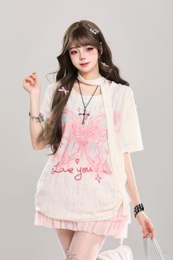 Butterfly Print Short-Sleeve T-Shirt for Women, Summer Loose Fit Cover-Up, Sheer Top, Sweet Girl Outfit, Y2K Casual Style