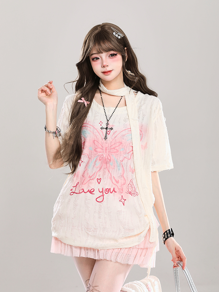 Butterfly Print Short-Sleeve T-Shirt for Women, Summer Loose Fit Cover-Up, Sheer Top, Sweet Girl Outfit, Y2K Casual Style Butterfly Print Short-Sleeve T-Shirt for Women, Summer Loose Fit Cover-Up, Sheer Top, Sweet Girl Outfit, Y2K Casual Style