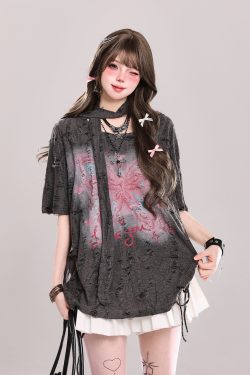 Butterfly Print Short-Sleeve T-Shirt for Women, Summer Loose Fit Cover-Up, Sheer Top, Sweet Girl Outfit, Y2K Casual Style