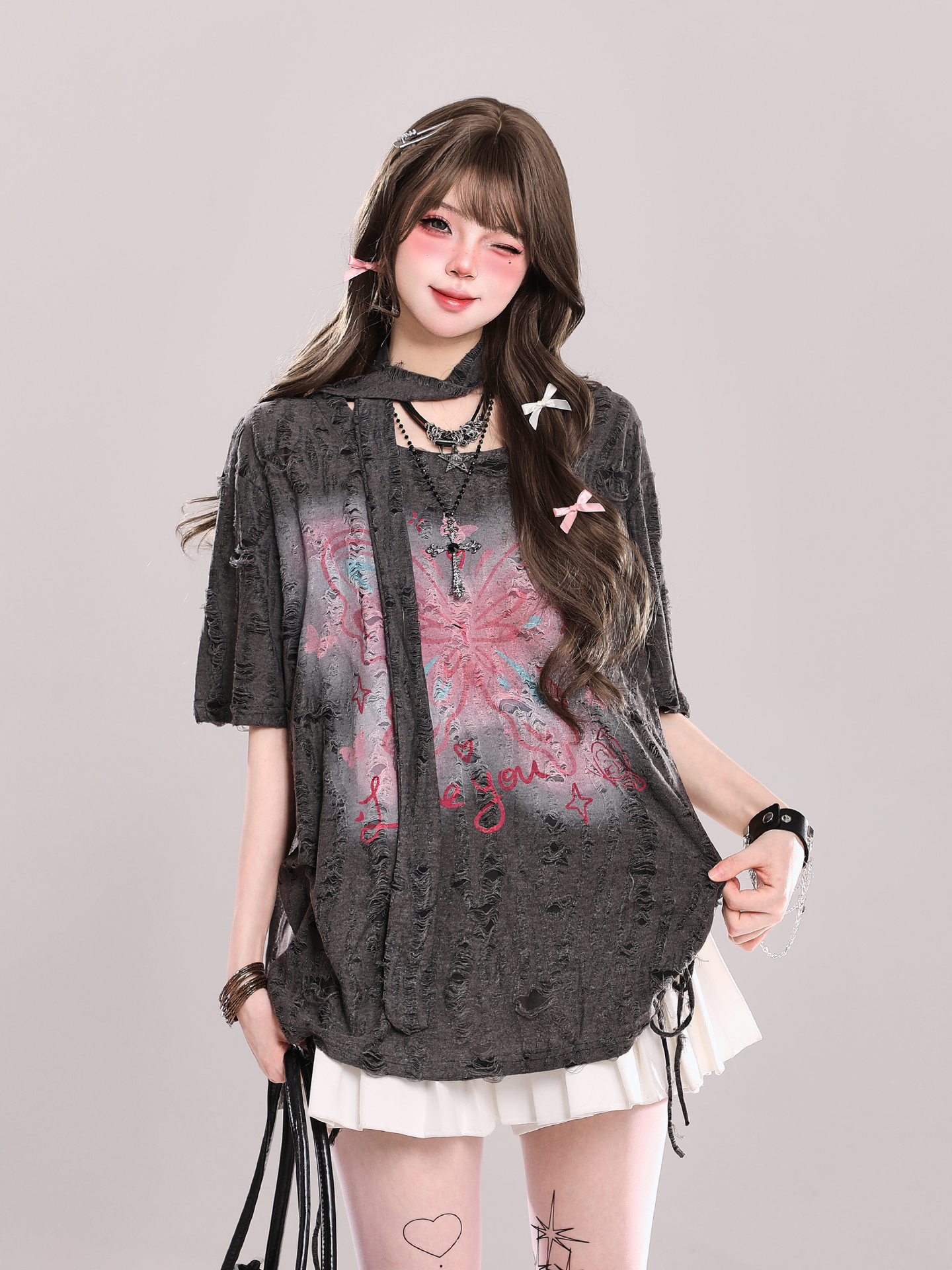 Butterfly Print Short-Sleeve T-Shirt for Women, Summer Loose Fit Cover-Up, Sheer Top, Sweet Girl Outfit, Y2K Casual Style Butterfly Print Short-Sleeve T-Shirt for Women, Summer Loose Fit Cover-Up, Sheer Top, Sweet Girl Outfit, Y2K Casual Style