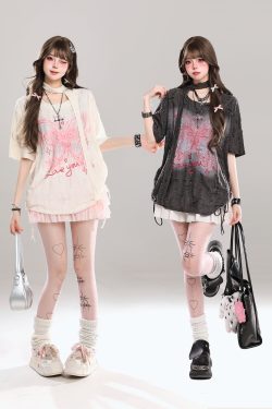 Butterfly Print Short-Sleeve T-Shirt for Women, Summer Loose Fit Cover-Up, Sheer Top, Sweet Girl Outfit, Y2K Casual Style