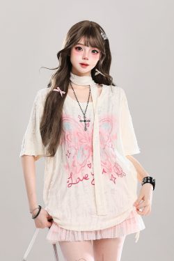 Butterfly Print Short-Sleeve T-Shirt for Women, Summer Loose Fit Cover-Up, Sheer Top, Sweet Girl Outfit, Y2K Casual Style