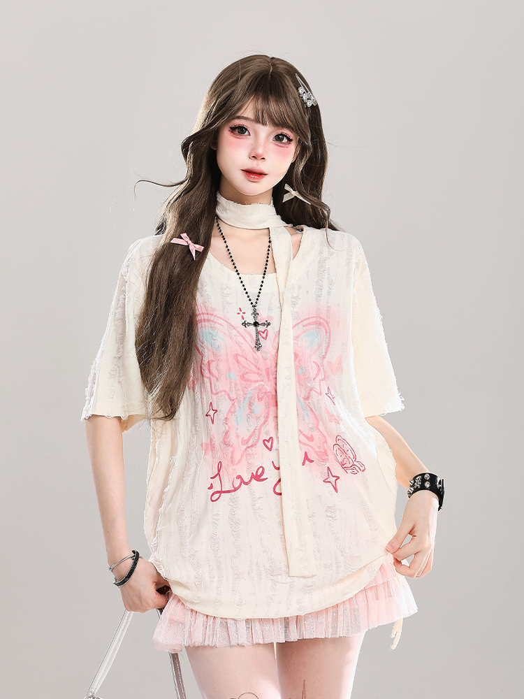 Butterfly Print Short-Sleeve T-Shirt for Women, Summer Loose Fit Cover-Up, Sheer Top, Sweet Girl Outfit, Y2K Casual Style Butterfly Print Short-Sleeve T-Shirt for Women, Summer Loose Fit Cover-Up, Sheer Top, Sweet Girl Outfit, Y2K Casual Style