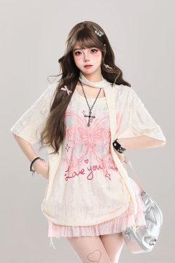 Butterfly Print Short-Sleeve T-Shirt for Women, Summer Loose Fit Cover-Up, Sheer Top, Sweet Girl Outfit, Y2K Casual Style