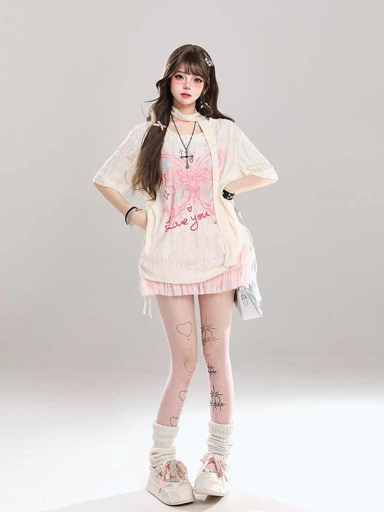 Butterfly Print Short-Sleeve T-Shirt for Women, Summer Loose Fit Cover-Up, Sheer Top, Sweet Girl Outfit, Y2K Casual Style Butterfly Print Short-Sleeve T-Shirt for Women, Summer Loose Fit Cover-Up, Sheer Top, Sweet Girl Outfit, Y2K Casual Style