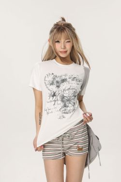 Butterfly Print Slim Fit Crop Top T-Shirt for Women – Summer Short Sleeve Casual Style, Y2K Aesthetic, Spicy Girl Fashion