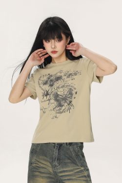 Butterfly Print Slim Fit Crop Top T-Shirt for Women – Summer Short Sleeve Casual Style, Y2K Aesthetic, Spicy Girl Fashion