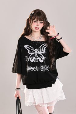 Butterfly Print Tie Shoulder Short-Sleeve T-Shirt for Women - American Style Loose Off-Shoulder Summer Top