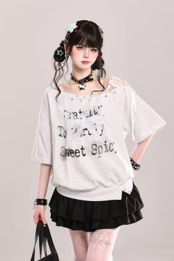 Butterfly Print Tie Shoulder Short-Sleeve T-Shirt for Women - American Style Loose Off-Shoulder Summer Top