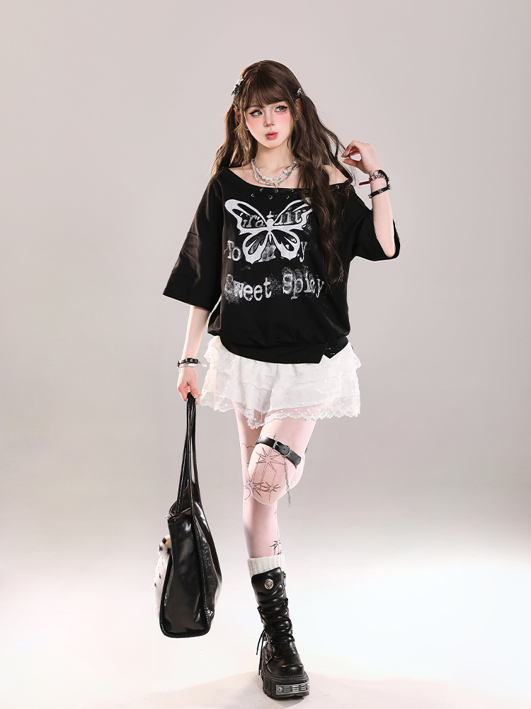 Butterfly Print Tie Shoulder Short-Sleeve T-Shirt for Women - American Style Loose Off-Shoulder Summer Top Butterfly Print Tie Shoulder Short-Sleeve T-Shirt for Women - American Style Loose Off-Shoulder Summer Top