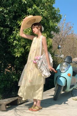 Butterfly Spirit Flower Embroidered Sleeveless Summer Dress for Women - Vintage Loose Layered Vacation Tank Dress