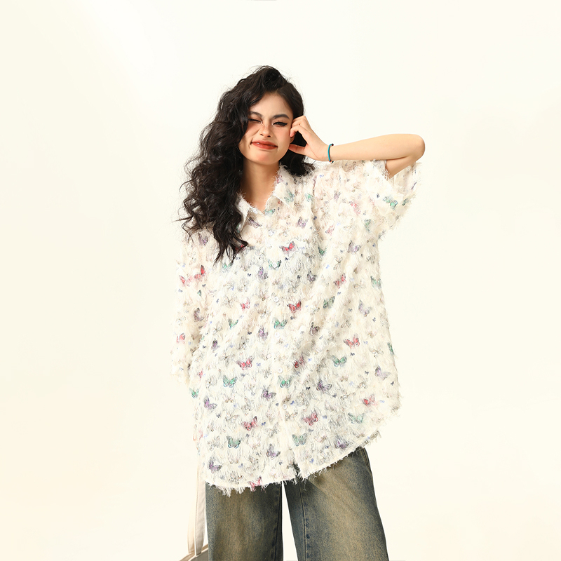 Butterfly Tassel Short Sleeve Shirt for Women - Trendy Loose Summer Blouse, 2025 Fashion, Y2K Style, Perfect for Summer Outfits Butterfly Tassel Short Sleeve Shirt for Women - Trendy Loose Summer Blouse, 2025 Fashion, Y2K Style, Perfect for Summer Outfits