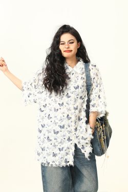 Butterfly Tassel Short Sleeve Shirt for Women - Trendy Loose Summer Blouse, 2025 Fashion, Y2K Style, Perfect for Summer Outfits