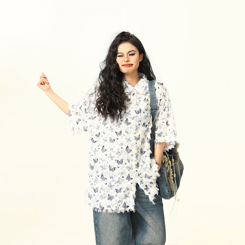 Butterfly Tassel Short Sleeve Shirt for Women - Trendy Loose Summer Blouse, 2025 Fashion, Y2K Style, Perfect for Summer Outfits Butterfly Tassel Short Sleeve Shirt for Women - Trendy Loose Summer Blouse, 2025 Fashion, Y2K Style, Perfect for Summer Outfits