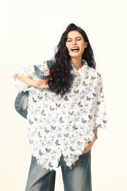 Butterfly Tassel Short Sleeve Shirt for Women - Trendy Loose Summer Blouse, 2025 Fashion, Y2K Style, Perfect for Summer Outfits