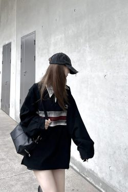 California Vintage Striped Spliced Polo Collar Sweatshirt - Unisex Long Sleeve, Versatile, Washable, American Dirty Dye Style