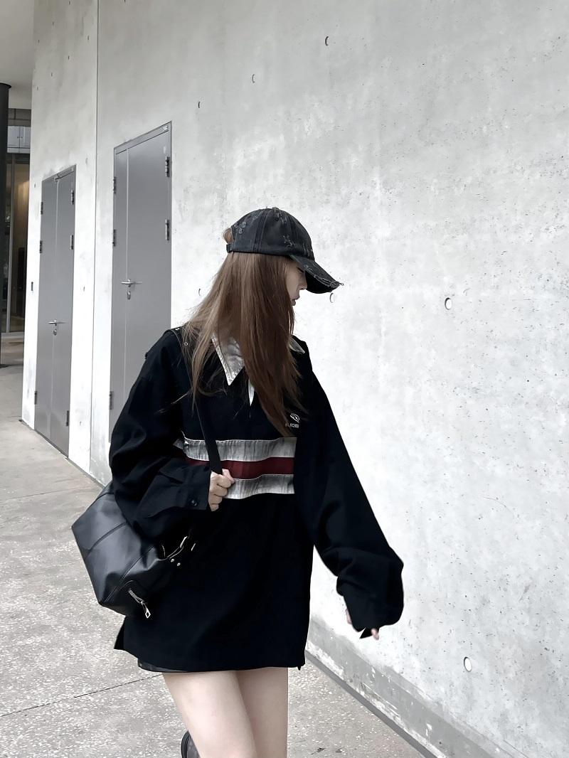 California Vintage Striped Spliced Polo Collar Sweatshirt - Unisex Long Sleeve, Versatile, Washable, American Dirty Dye Style California Vintage Striped Spliced Polo Collar Sweatshirt - Unisex Long Sleeve, Versatile, Washable, American Dirty Dye Style