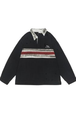 California Vintage Striped Spliced Polo Collar Sweatshirt - Unisex Long Sleeve, Versatile, Washable, American Dirty Dye Style