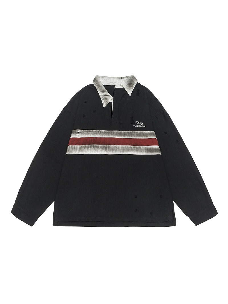 California Vintage Striped Spliced Polo Collar Sweatshirt - Unisex Long Sleeve, Versatile, Washable, American Dirty Dye Style California Vintage Striped Spliced Polo Collar Sweatshirt - Unisex Long Sleeve, Versatile, Washable, American Dirty Dye Style