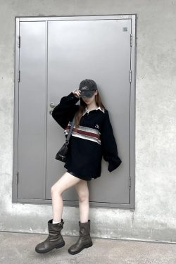 California Vintage Striped Spliced Polo Collar Sweatshirt - Unisex Long Sleeve, Versatile, Washable, American Dirty Dye Style