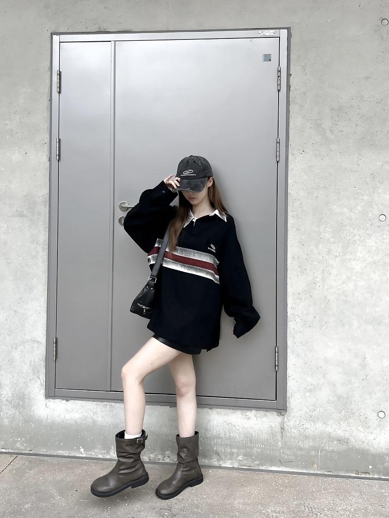 California Vintage Striped Spliced Polo Collar Sweatshirt - Unisex Long Sleeve, Versatile, Washable, American Dirty Dye Style California Vintage Striped Spliced Polo Collar Sweatshirt - Unisex Long Sleeve, Versatile, Washable, American Dirty Dye Style