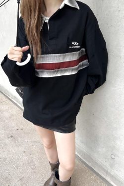 California Vintage Striped Spliced Polo Collar Sweatshirt - Unisex Long Sleeve, Versatile, Washable, American Dirty Dye Style