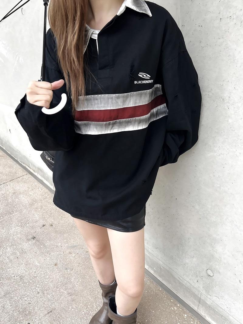 California Vintage Striped Spliced Polo Collar Sweatshirt - Unisex Long Sleeve, Versatile, Washable, American Dirty Dye Style California Vintage Striped Spliced Polo Collar Sweatshirt - Unisex Long Sleeve, Versatile, Washable, American Dirty Dye Style