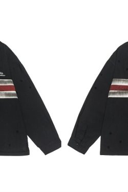 California Vintage Striped Spliced Polo Collar Sweatshirt - Unisex Long Sleeve, Versatile, Washable, American Dirty Dye Style